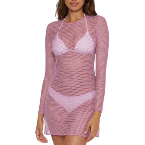 Womens M Pink Metallic Long Sleeve Swim Cover Up Open Weave Mesh Pullover NWT - Picture 1 of 6